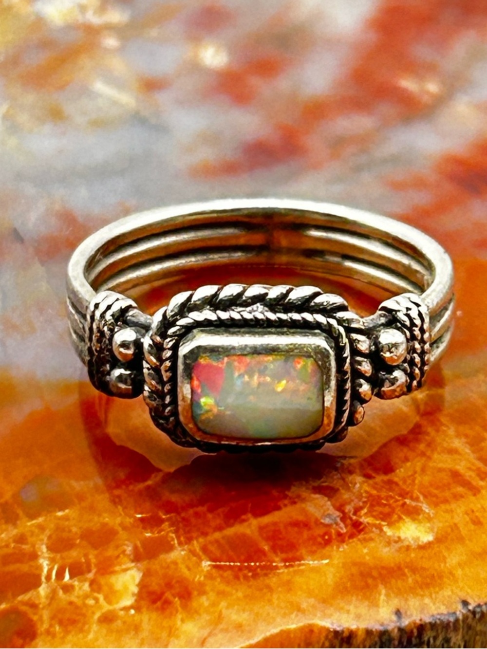 Vintage Sterling Silver Opal Ring - Size 6